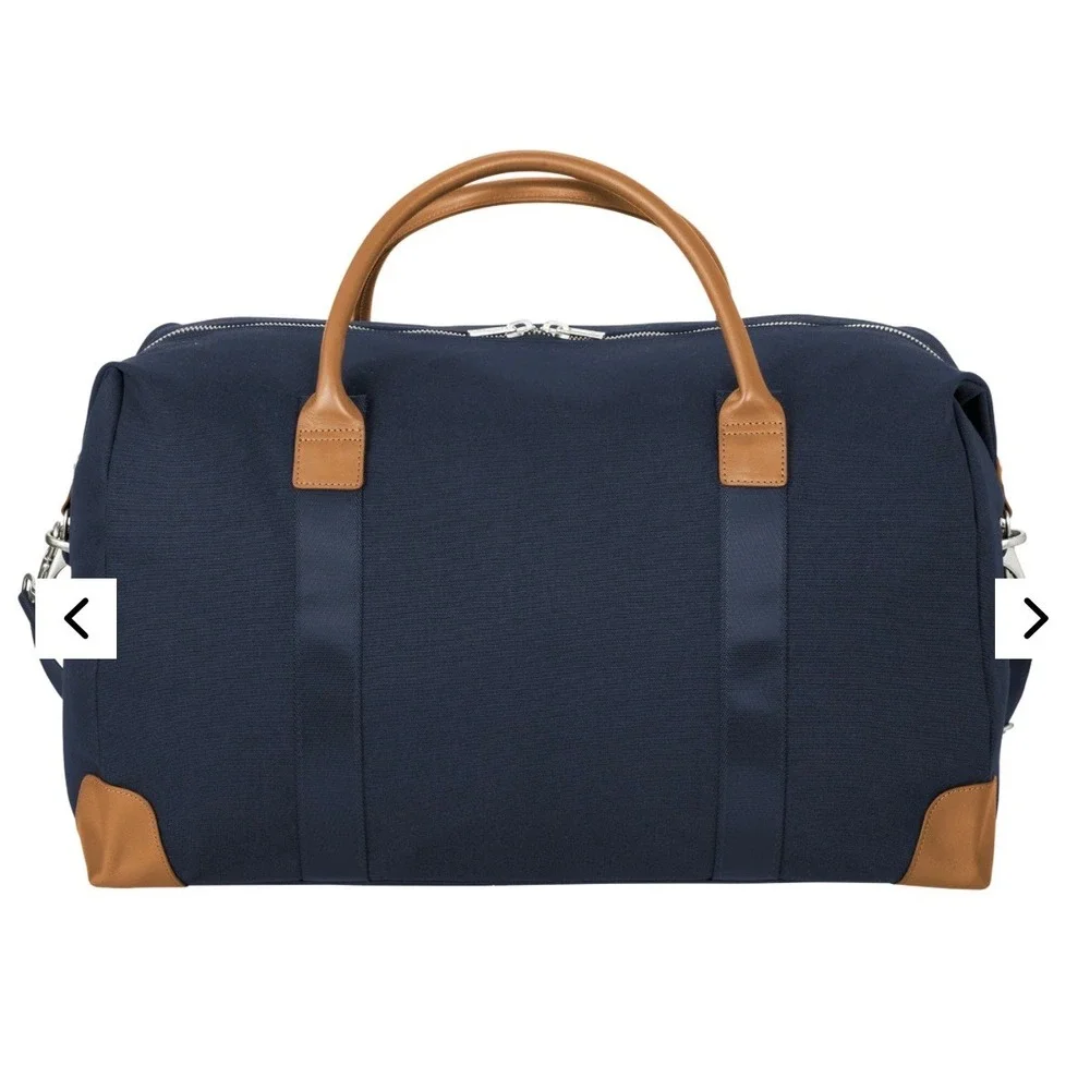 Brooks Brothers Navy Canvas Duffle Bag Leather Trim Weekender Travel Bag 42.3L